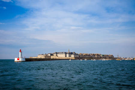 Saint-Malo city and lighthouse view from the sea, Brittany, Franceの写真素材
