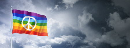 Rainbow peace flag on a cloudy sky, three dimensional renderの写真素材