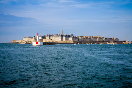 Saint-Malo city and lighthouse view from the sea, Brittany, Franceのeditorial素材