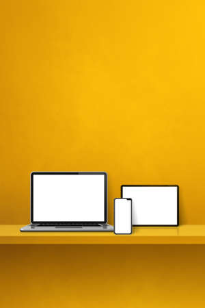 Laptop, mobile phone and digital tablet pc on yellow wall shelf. Vertical background. 3D Illustrationの写真素材