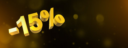 15% off discount. Offer sale. 3D illustration isolated on black. Horizontal banner. Gold numbers and...