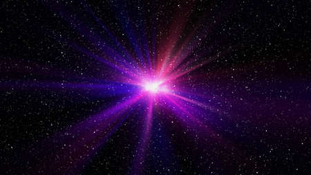 Burst of light in space. Night black starry sky horizontal background. 3d illustration of infinite...