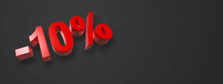 10% off discount. Offer sale. 3D illustration isolated on black. Horizontal banner