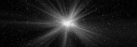 Burst of light in space. Night black starry sky horizontal background banner. 3d illustration of...