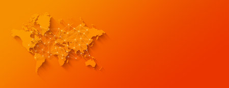 World map and digital network illustration isolated on orange background. Horizontal bannerの写真素材