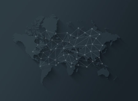 World map and digital network illustration isolated on a black backgroundの写真素材