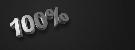 100% silver number. 3D illustration isolated on black. Horizontal banner