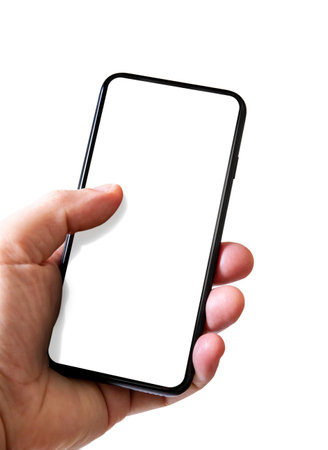 Hand holding a smartphone with blank screen. Isolated on white background.の写真素材