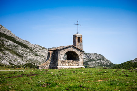 Chapel of the Good Shepherd - Ermita de El Buen Pastor - in Covadonga, Picos de Europa, Asturias, Spainの写真素材