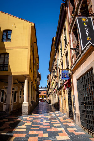 Aviles - Spain - July 10, 2022 : Colorful buildings in Aviles old townのeditorial素材