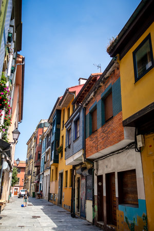 Gijon - Spain - July 11, 2022 : Colorful houses in Cimavilla Old Townのeditorial素材