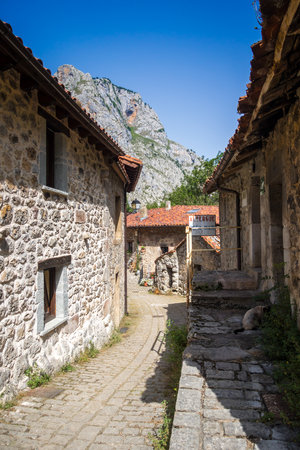 Bulnes - Spain - July 13, 2022 : Traditional mountain village in Picos de Europaのeditorial素材