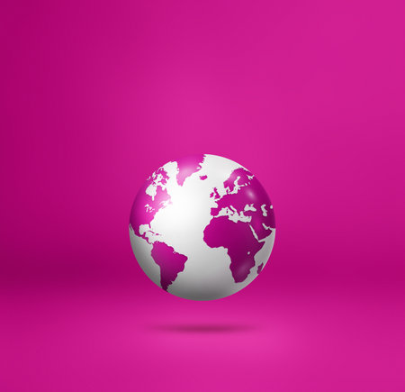 World globe, earth map, floating over a pink background. 3D isolated illustration. Square templateの写真素材
