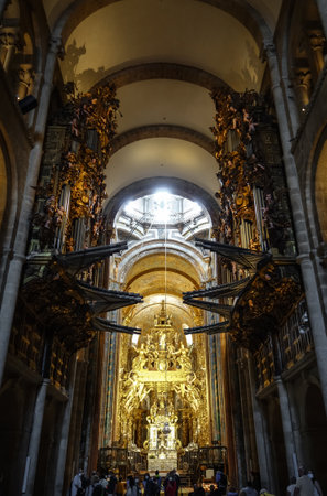 Santiago de Compostela - Spain - July 3, 2022 : Gold Altar and organ inside the Cathedralのeditorial素材