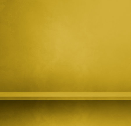 Empty shelf on a green ocher concrete wall. Background template scene. Square mockupの写真素材