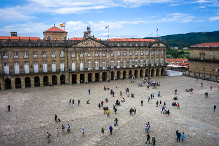 Santiago de Compostela - Spain - July 3, 2022 : Obradoiro square view from the Cathedralのeditorial素材