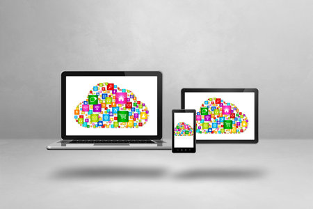 Cloud computing symbol and icons on laptop, smartphone and tablet pc. 3D illustration isolated on white background.の写真素材