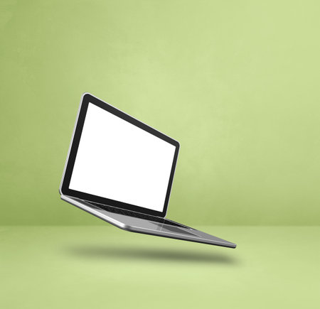 Blank computer laptop floating over a green background. 3D isolated illustration. Square templateの写真素材