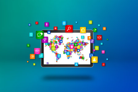 World Map made of icons in a tablet PC screen. Global communication concept isolated on blue background. 3D illustrationの写真素材