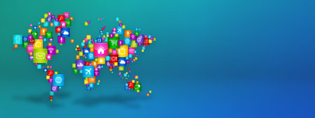 World Map made of desktop apps icons. Cloud Computing concept isolated on blue background. 3D illustrationの写真素材