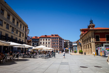 Aviles - Spain - July 10, 2022 : Colorful buildings in Aviles old townのeditorial素材