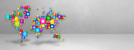 World Map made of desktop apps icons. Cloud Computing concept isolated on white background. 3D illustrationの写真素材