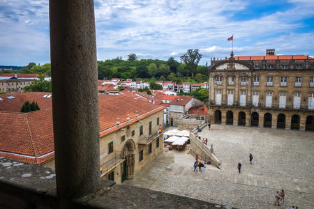 Santiago de Compostela - Spain - July 3, 2022 : Obradoiro square view from the Cathedralのeditorial素材