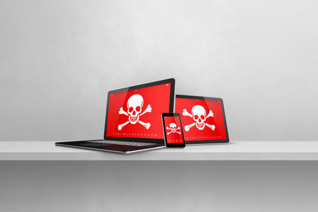 Laptop tablet pc and smartphone on a shelf with pirate symbols on screen. Hacking and virus concept. 3D illustration isolated on white backgroundの写真素材