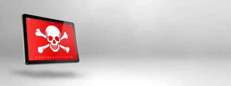 Digital tablet PC with a pirate symbol on screen. Hacking and virus concept. 3D illustration...