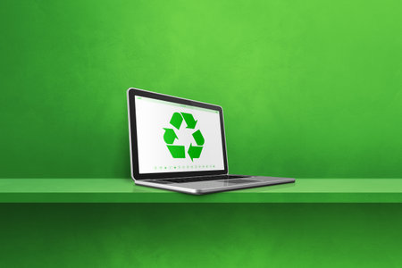 Laptop computer on a shelf with a recycling symbol on screen. environmental conservation concept. 3D illustration isolated on green backgroundの写真素材