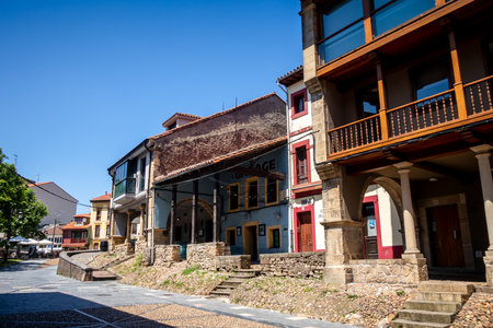Aviles - Spain - July 10, 2022 : Colorful buildings in Aviles old townのeditorial素材
