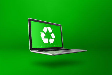 Laptop computer with a recycling symbol on screen. environmental conservation concept. 3D illustration isolated on green backgroundの写真素材