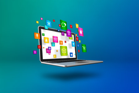 Flying icons around a laptop. Cloud computing concept. 3D illustration isolated on blue background.の写真素材