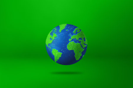 World globe covered with grass and water isolated on green background. Environmental protection symbol. 3D illustrationの写真素材