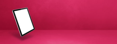 Blank tablet pc computer floating over a pink background. 3D isolated illustration. Horizontal...
