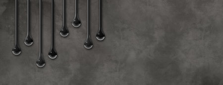 Black ink drops isolated on dark concrete wall. Horizontal banner. 3D illustration