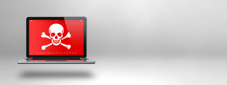 Laptop with a pirate symbol on screen. Hacking and virus concept. 3D illustration isolated on white...