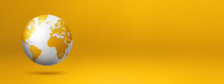 World globe, earth map, floating over a yellow background. 3D isolated illustration. banner templateの写真素材