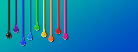 Colorful ink drops isolated on blue background. Horizontal banner. 3D illustrationの写真素材