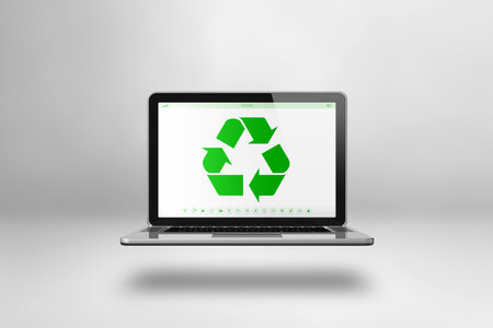 Laptop computer with a recycling symbol on screen. environmental conservation concept. 3D illustration isolated on white backgroundの写真素材