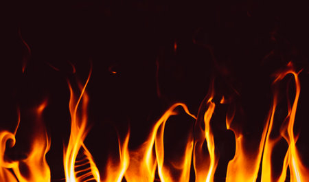 Flames in fireplace. Texture background isolated on a black backgroundの写真素材