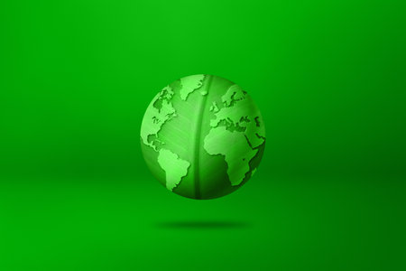 Green leaf world globe isolated on blank background. Environmental protection symbol. 3D illustrationの写真素材