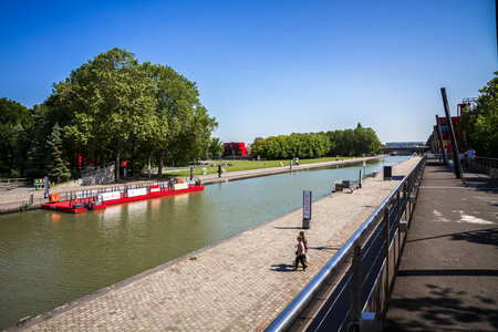 Paris - France - June 05, 2023 : Parc de la Villette and Ourcq canal in summerのeditorial素材