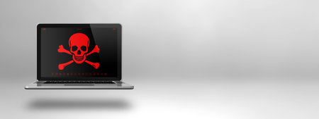 Laptop with a pirate symbol on screen. Hacking and virus concept. 3D illustration isolated on white...