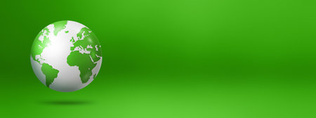 World globe, earth map, floating over a green background. 3D isolated illustration. banner templateの写真素材