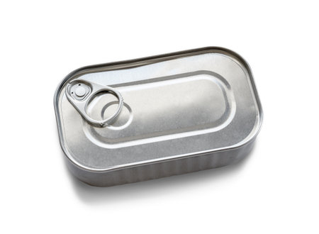 Blank sardine tin can with copy space, isolated on white background