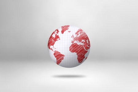 world map drawn in red pen on school paper globe. 3D illustrationの写真素材