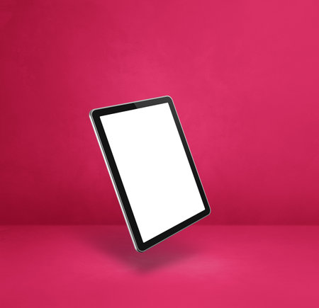 Blank tablet pc computer floating over a pink background. 3D isolated illustration. Square templateの写真素材