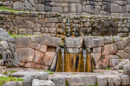 The Inca site of Tambomachay, near Cusco, Peru, features sophisticated stonework and aqueducts. This archaeological site is believed to have been a ceremonial bathing place for Inca elitesの写真素材