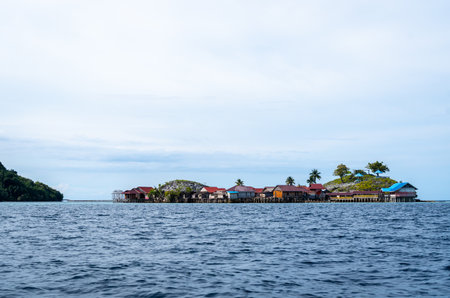 Pulau Papan Bajau village on Malenge Island, Togian archipelago, Sulawesi, Indonesia, surrounded by...